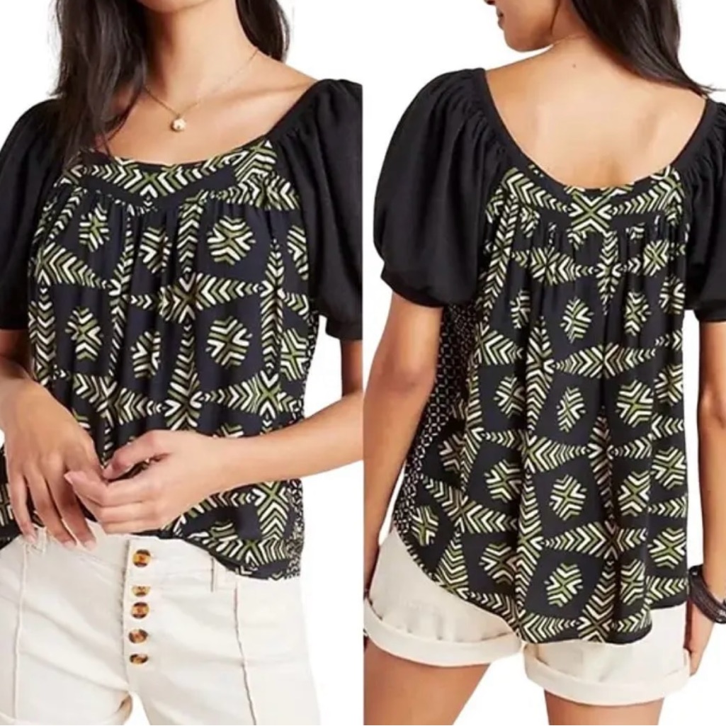 Maeve Anthropologie Green Navy/Black Puff Sleeve Geometric Print Blouse Size M